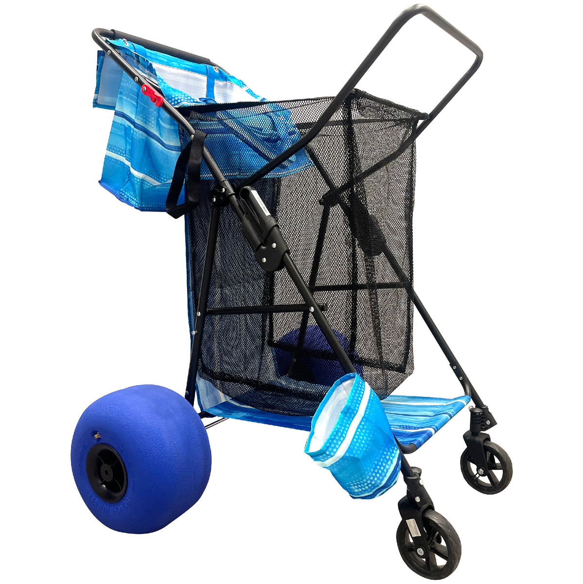 EASYGO PRODUCTS front view of blue striped cart showing storage and frame for easy transport