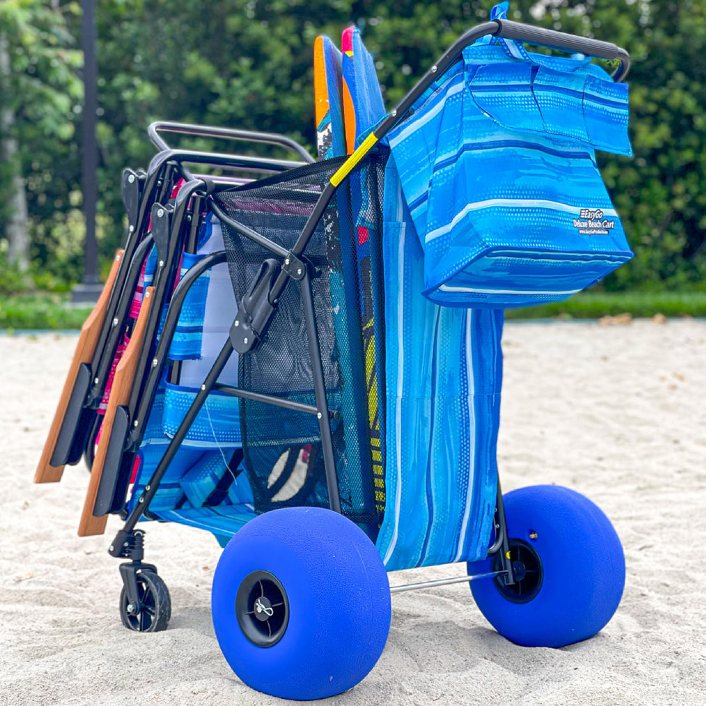 EASYGO PRODUCTS cart next to folding chair showing size and load capacity advantage