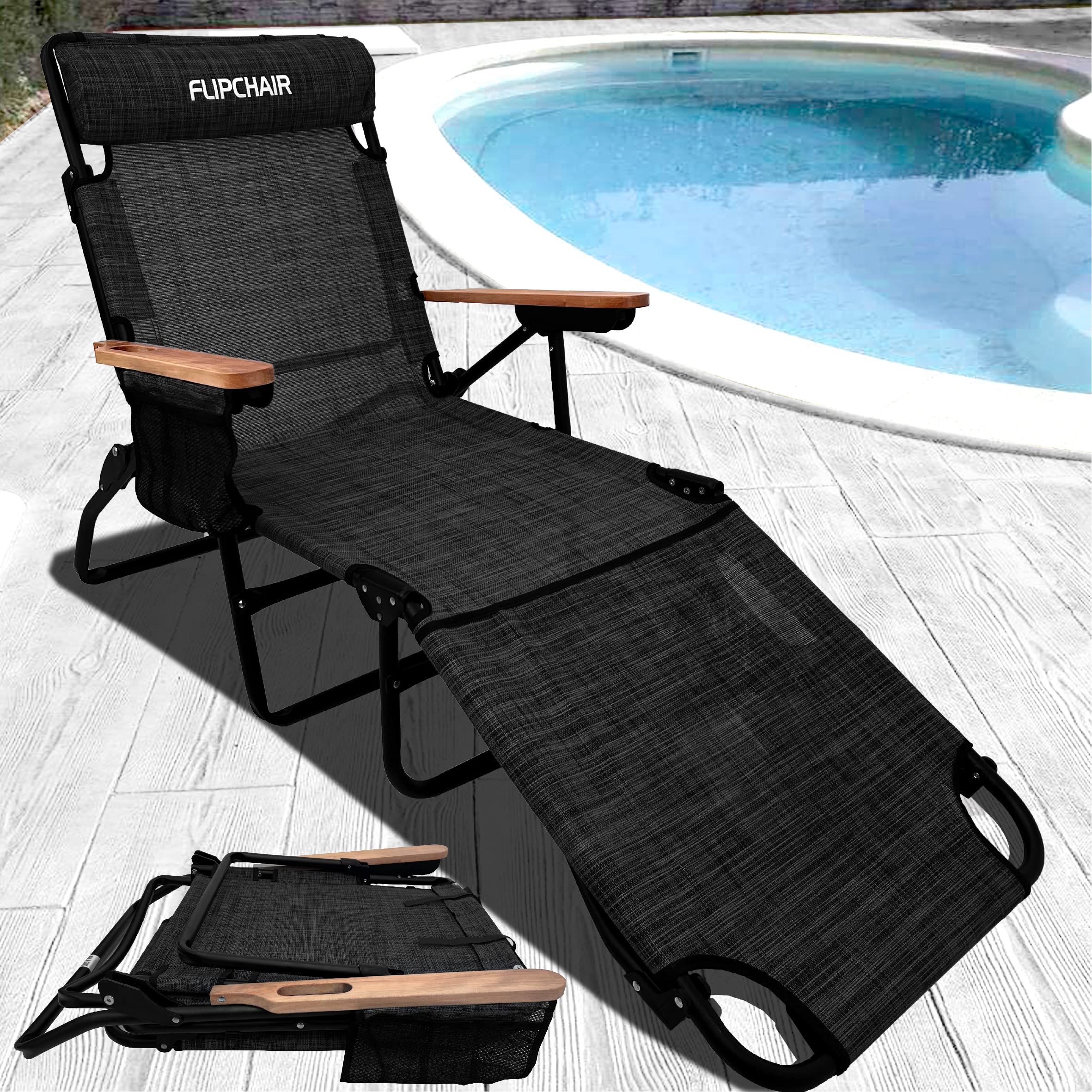 EasyGo Flip Chair flat position with person for size and scale comparison