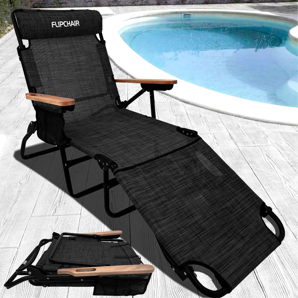 EasyGo Flip Chair flat position with person for size and scale comparison
