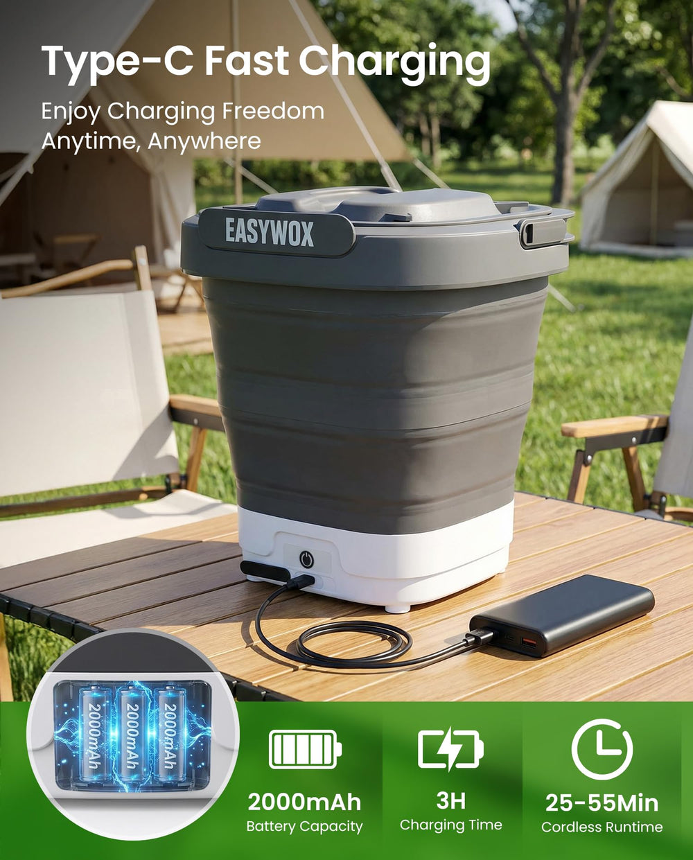 EasyWox camping setup near tent showing on-site cleaning convenience benefit