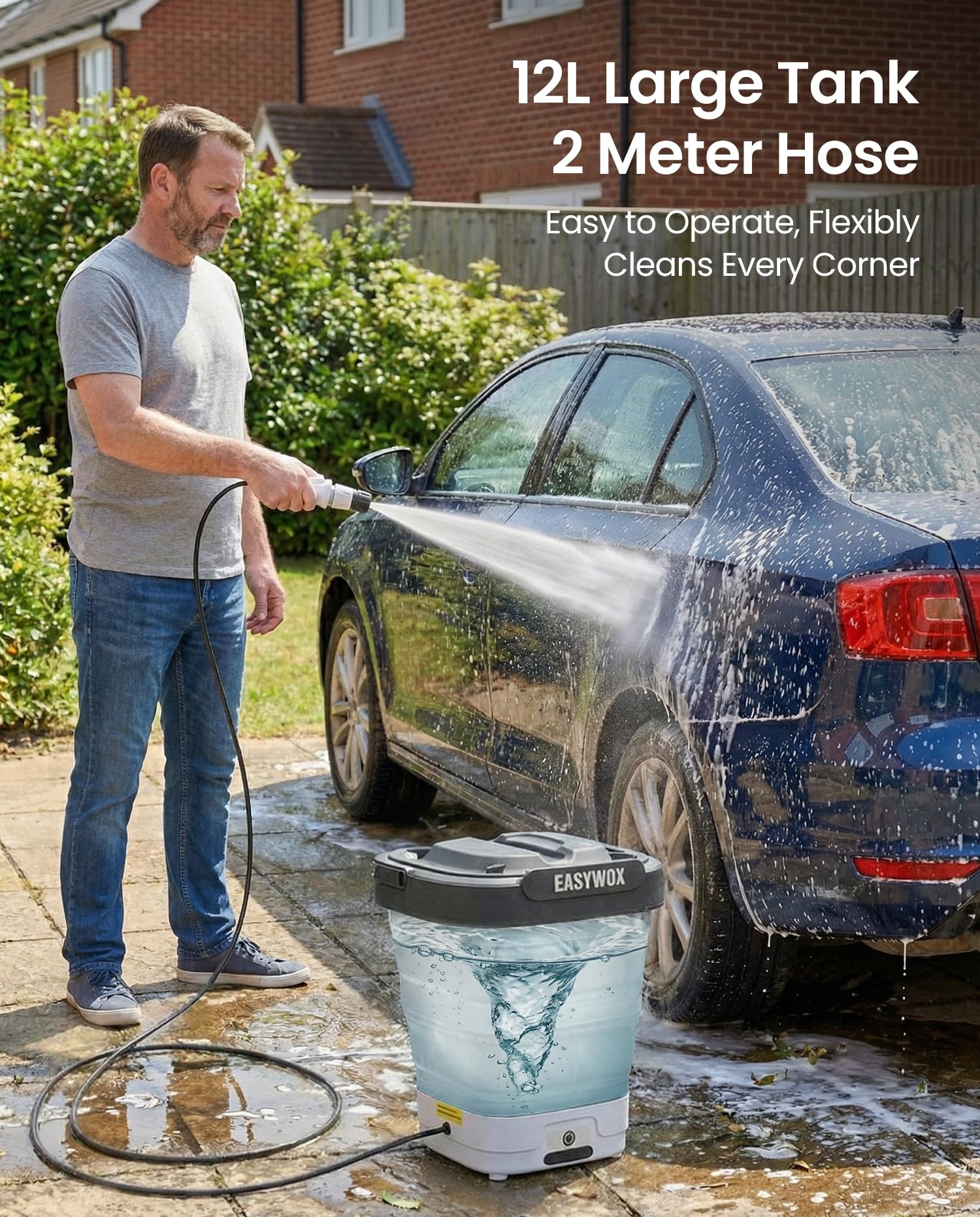 EasyWox in use washing a car showing convenient cordless cleaning benefit