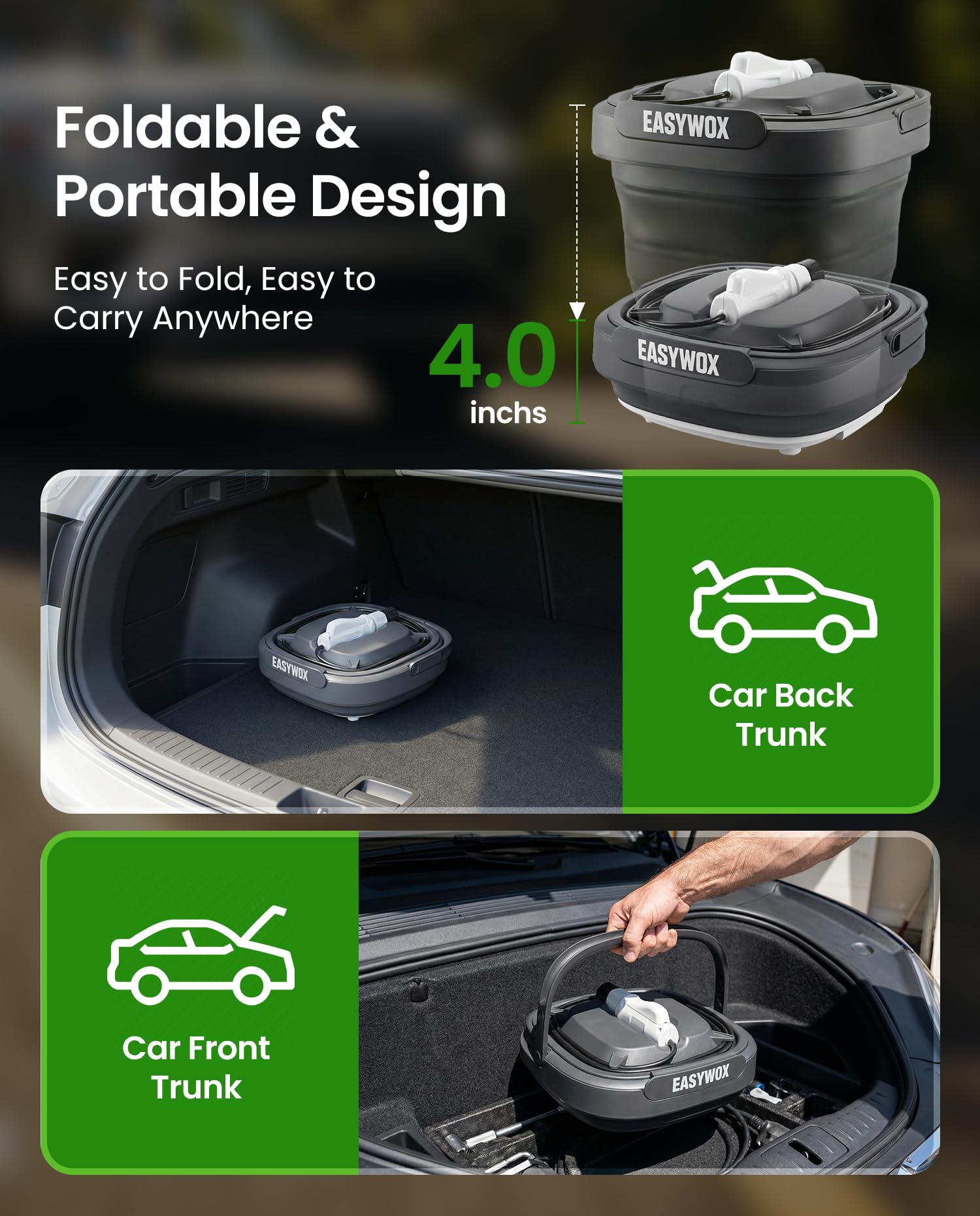 EasyWox detached 12L tank highlighting no-faucet cleaning benefit