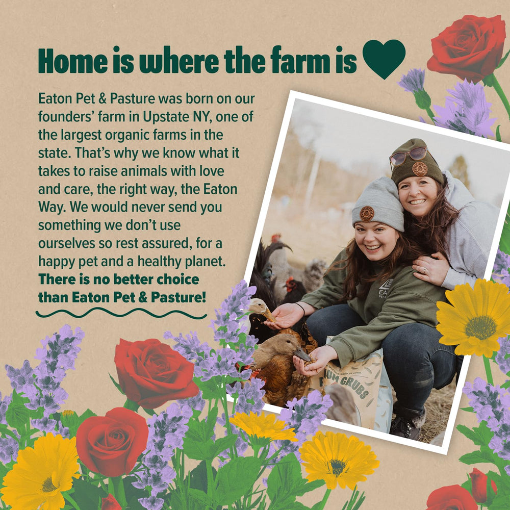 Eaton Pet and Pasture label close-up showing ingredient emphasis and hand-packed quality details