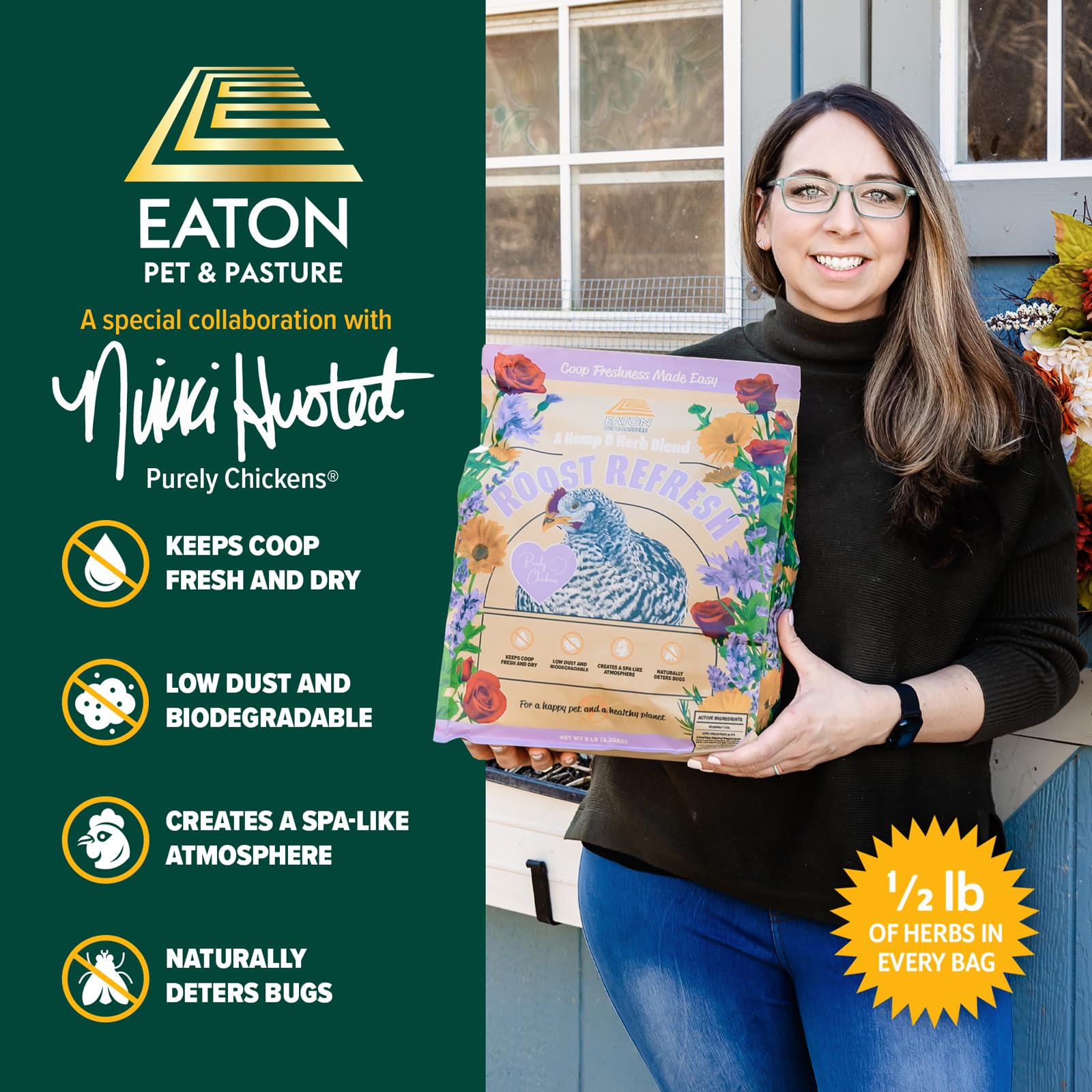 Eaton Pet and Pasture being sprinkled onto a wooden roost demonstrating quick, mess-free application