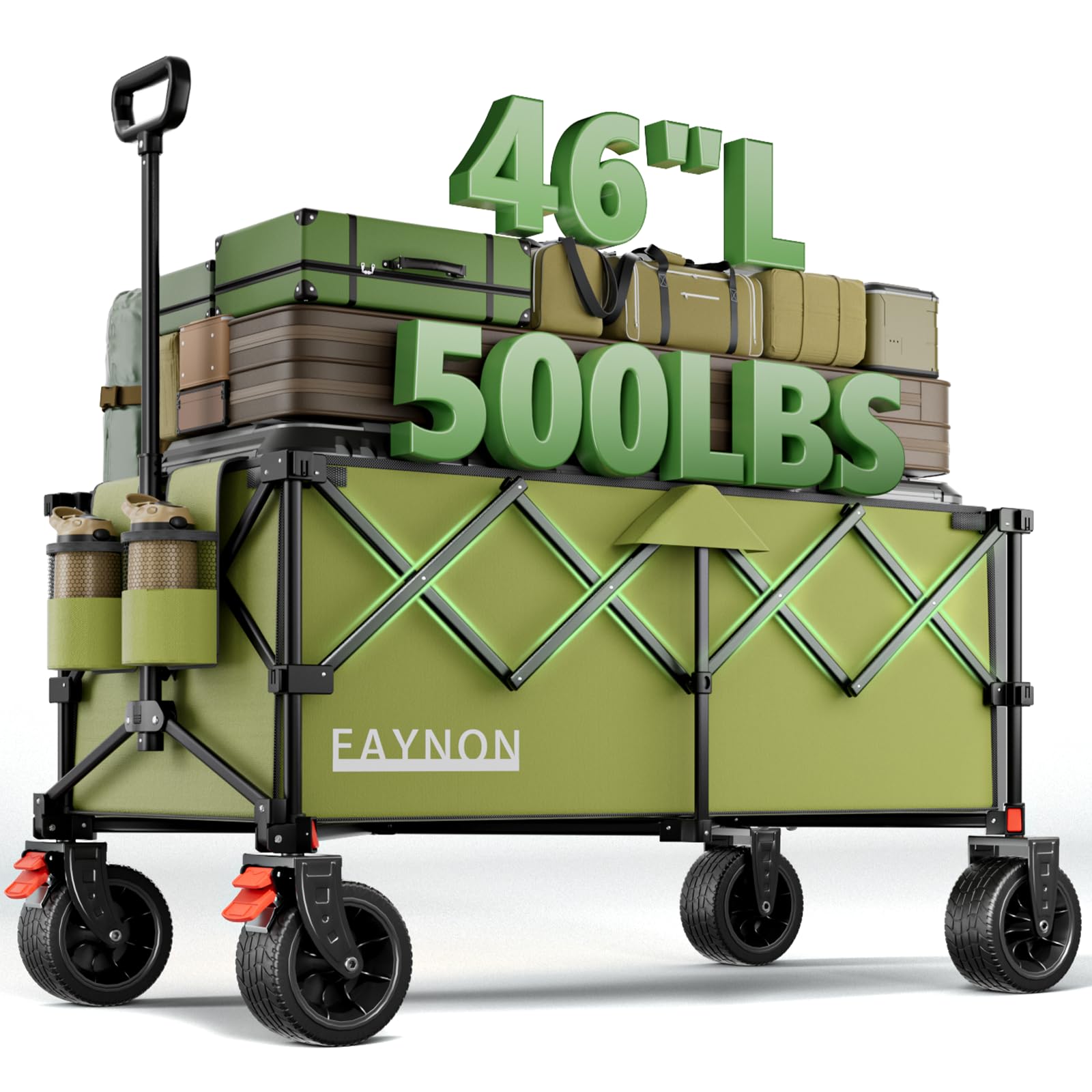 EAYNON front view of wagon showing roomy cargo area and green fabric benefit: easy packing