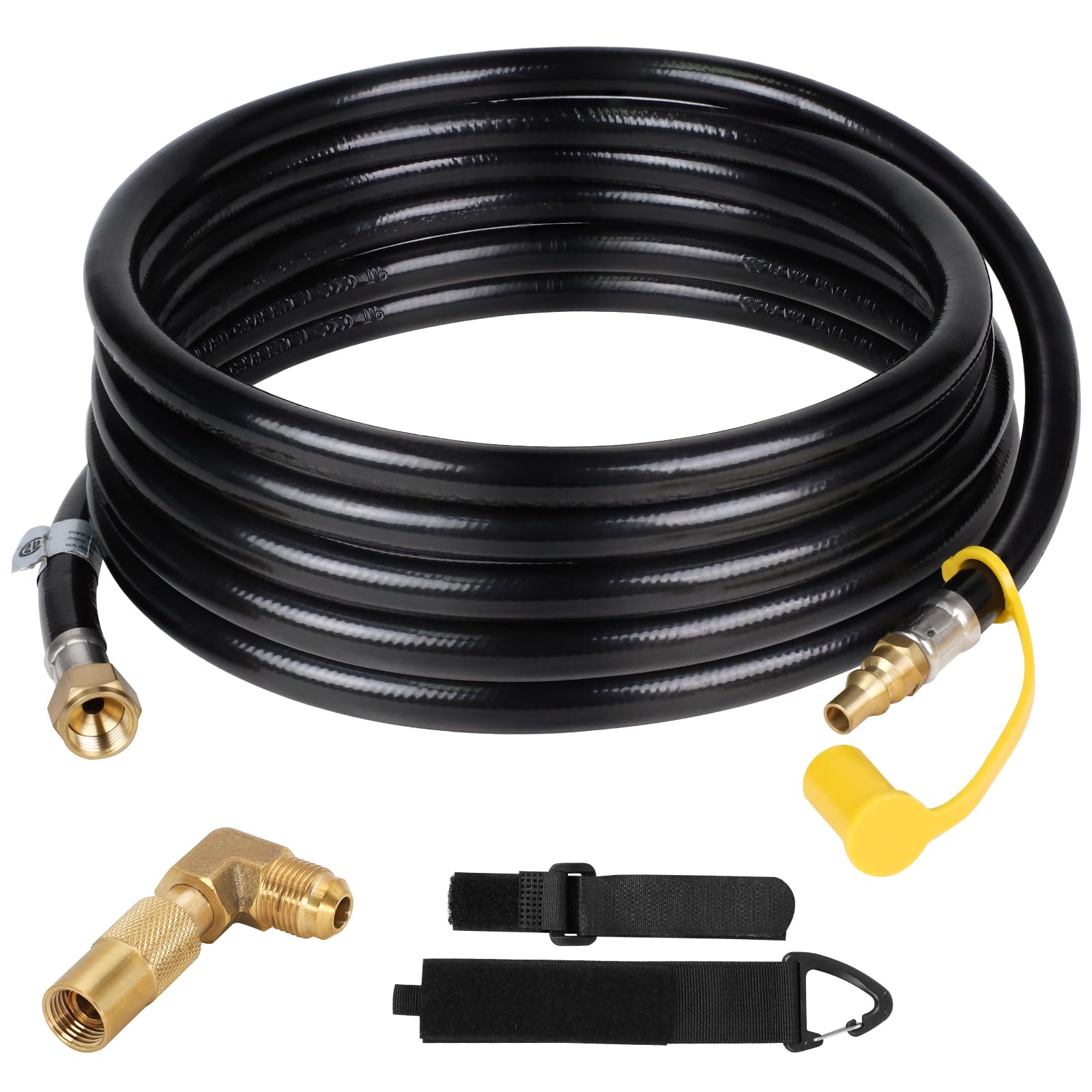 Eazy2hD front view of 20 ft propane hose showing connectors and length benefit