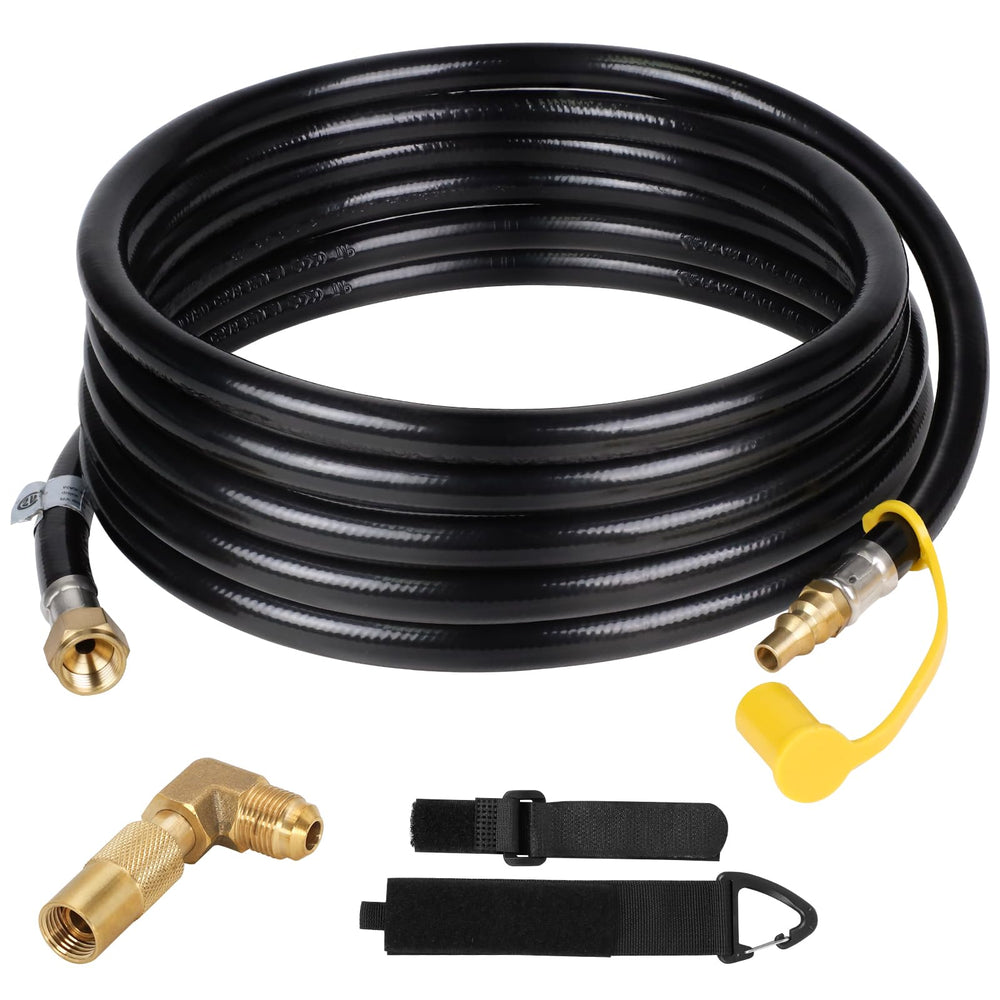 Eazy2hD front view of 20 ft propane hose showing connectors and length benefit