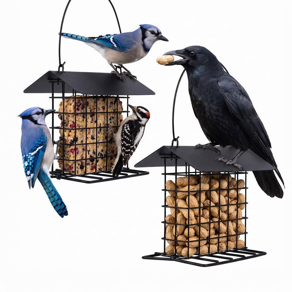 EazziSwitch front view of two feeders showing durable weatherproof design and easy refill benefit