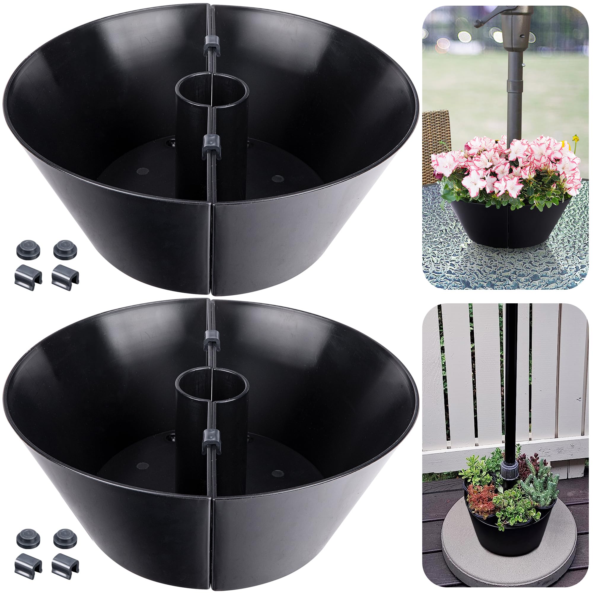 EBaokuup front view of two half-circle umbrella planters showing fit and finish, adds greenery