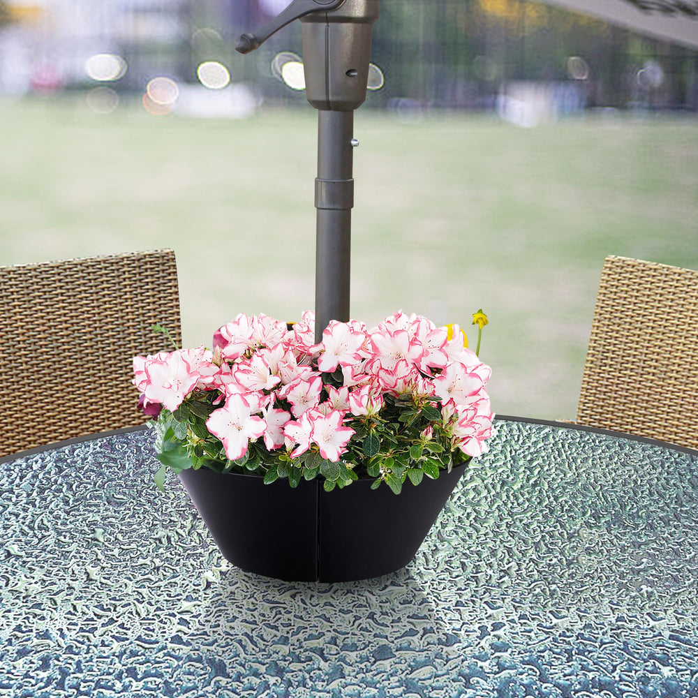 EBaokuup planters installed around umbrella pole on patio table, creates instant centerpiece