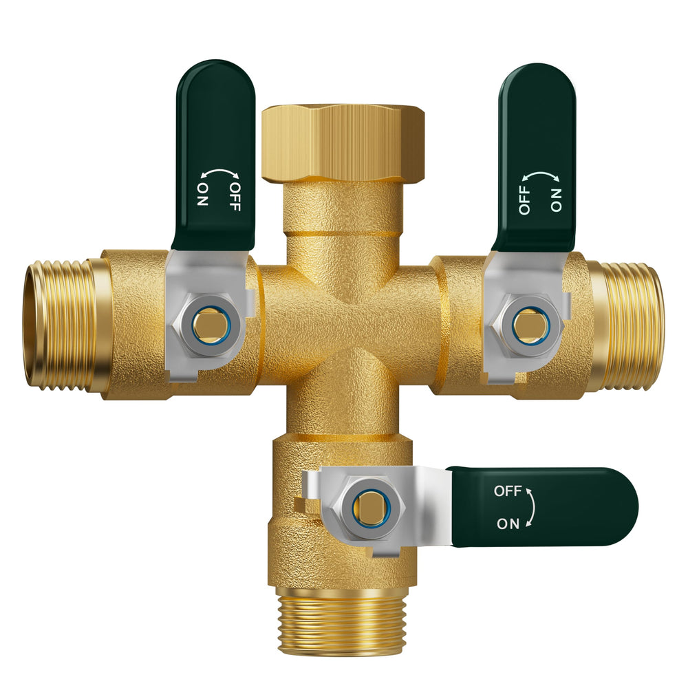 EBH brass splitter front view showing three outlets and sturdy construction for reliable performance