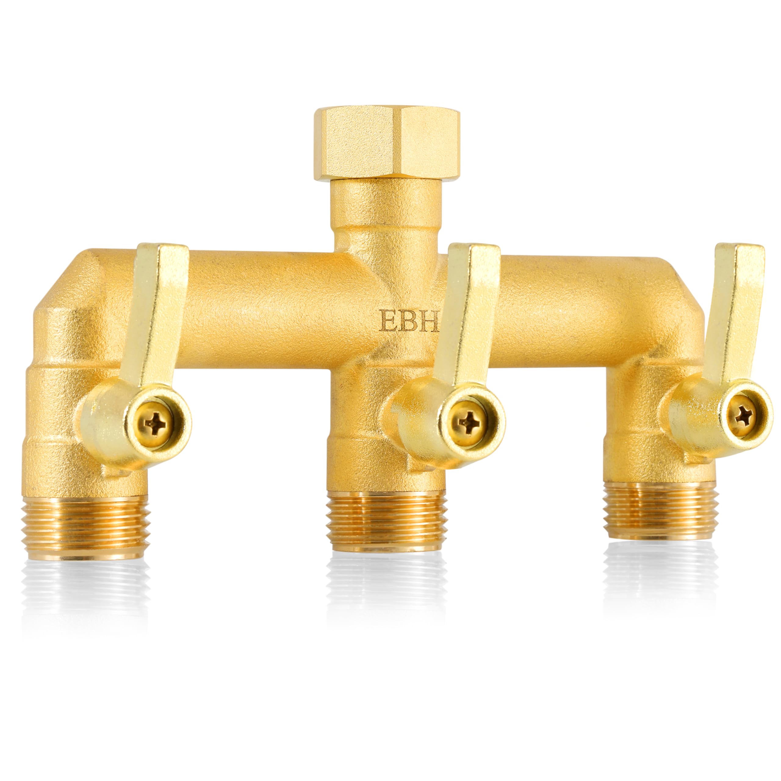 EBH front view of brass 3-way splitter showing sturdy body and ports, durable outdoor use