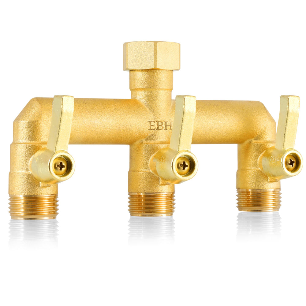 EBH front view of brass 3-way splitter showing sturdy body and ports, durable outdoor use