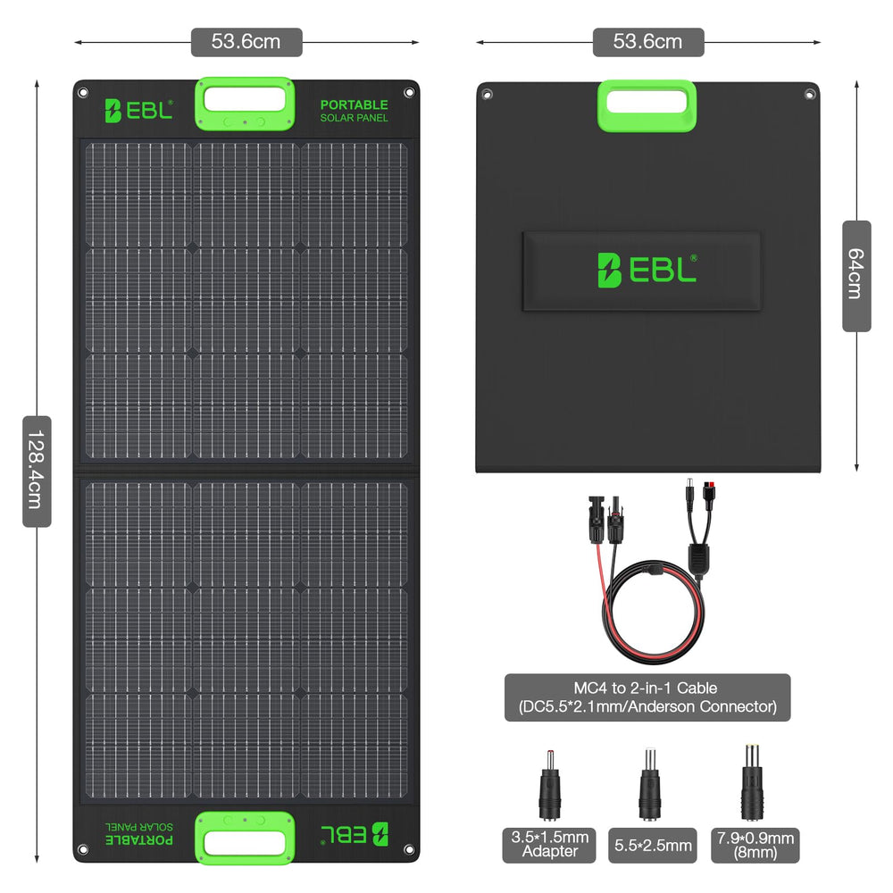EBL solar panel powering devices at campsite for off-grid convenience