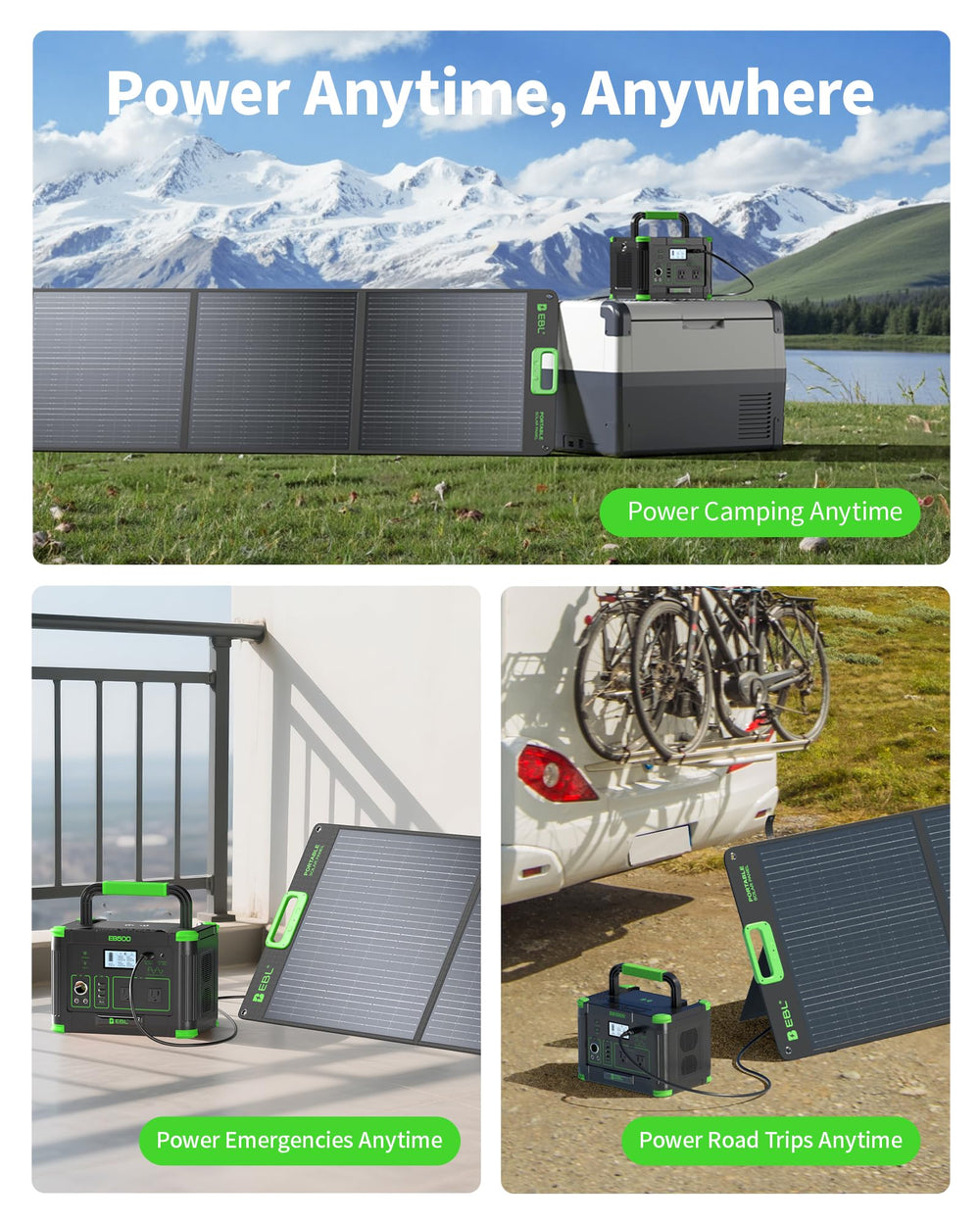 EBL panel angled at campsite charging a power station for reliable outdoor power