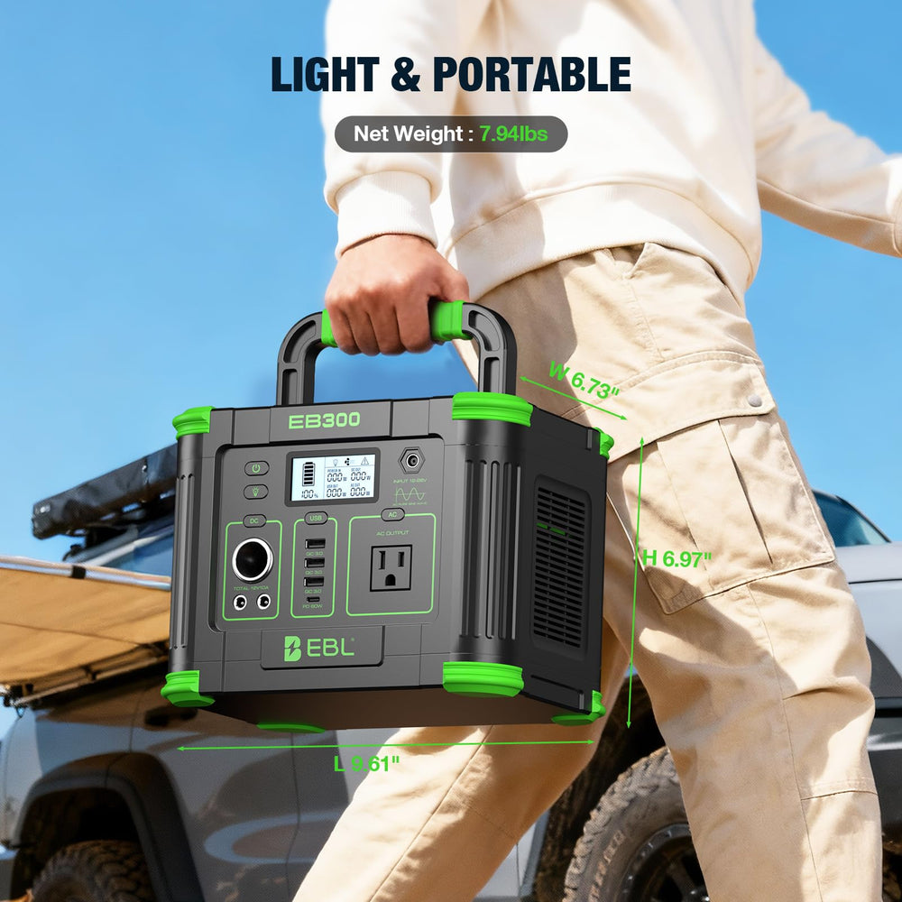 EBL EB300 with included cables and accessories organized for travel readiness