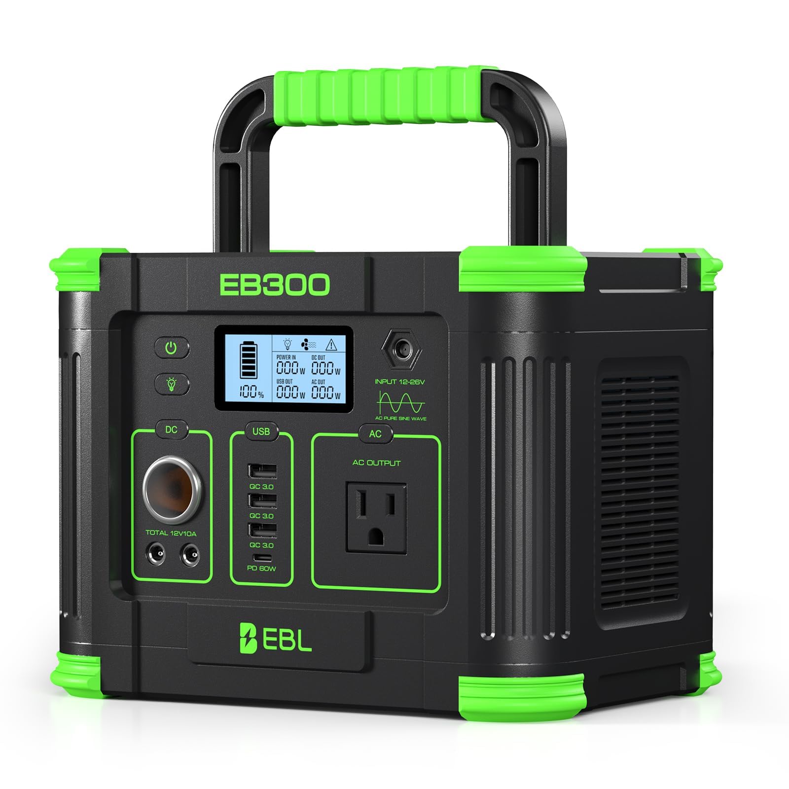 EBL EB300 front panel view showing all ports and AC outlet for versatile charging