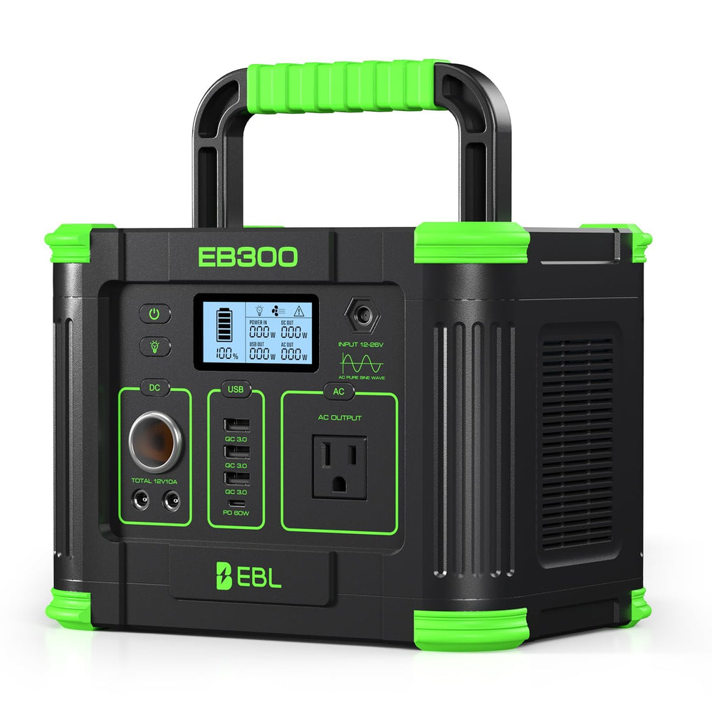EBL EB300 front panel view showing all ports and AC outlet for versatile charging