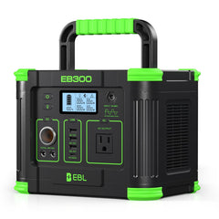 EBL EB300 front panel view showing all ports and AC outlet for versatile charging