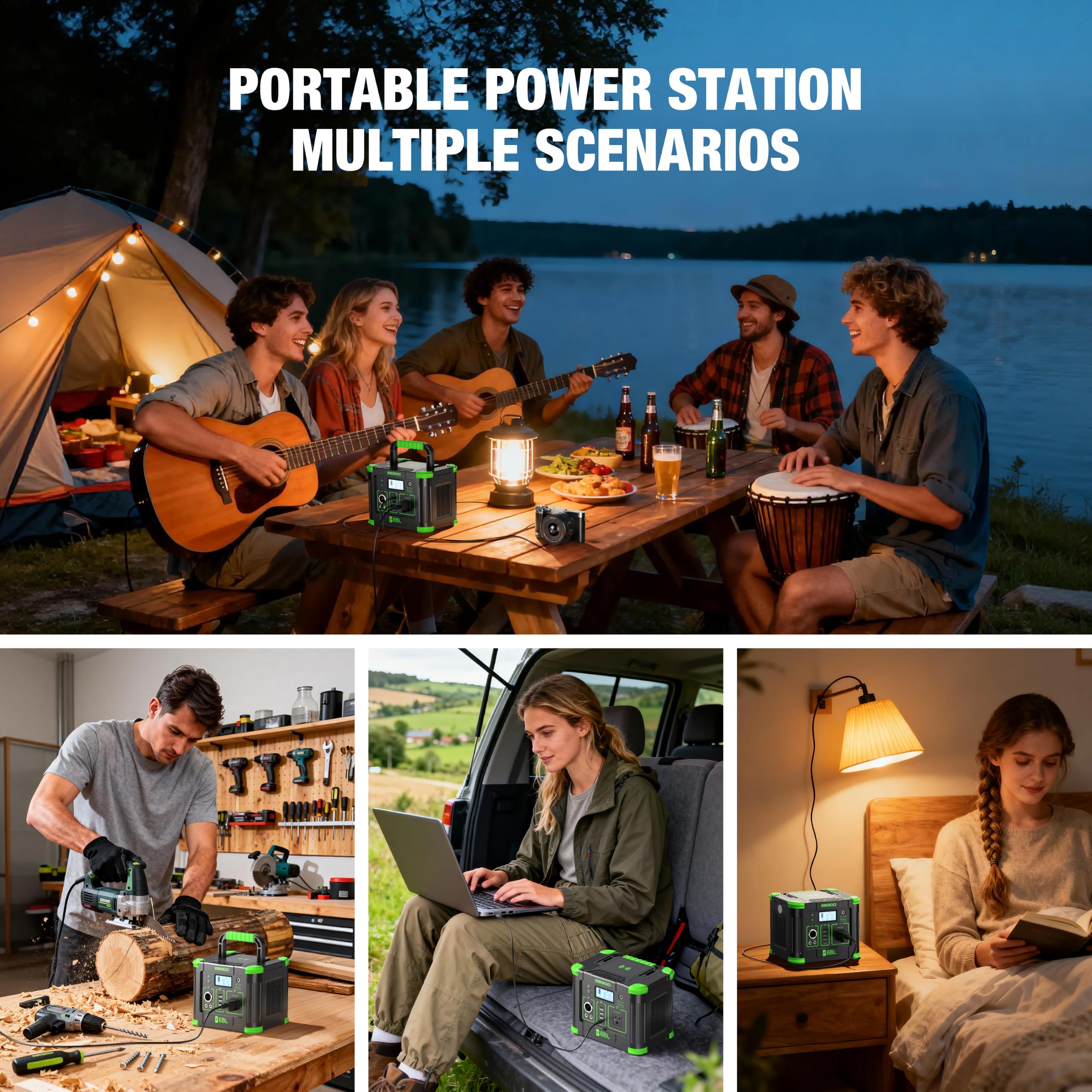 EBL EB300 powering devices inside a camping tent for reliable outdoor electricity