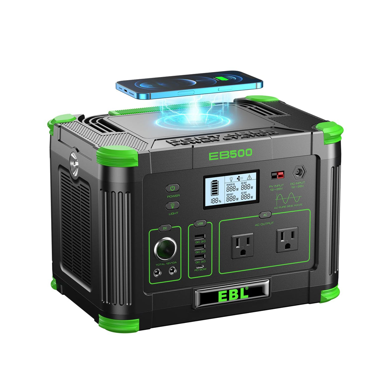 EBL front panel showing outlets and display for versatile power