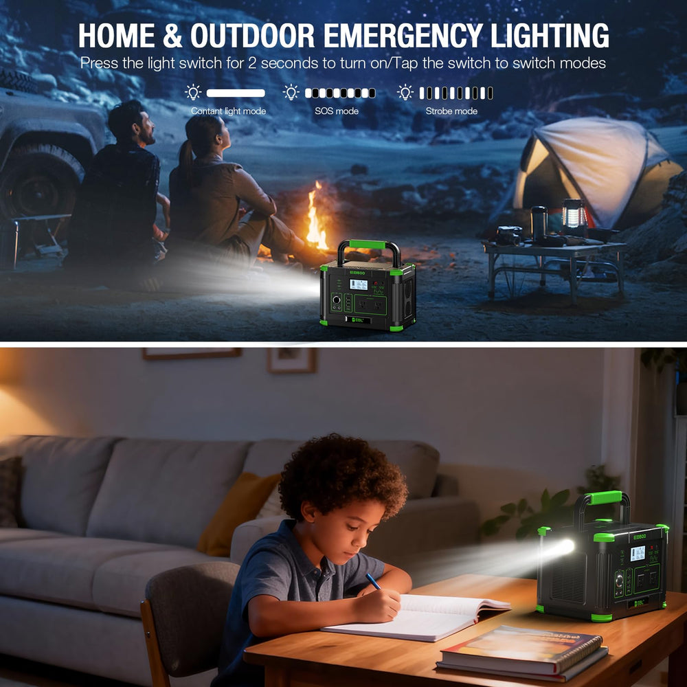EBL power station running a camping setup providing quiet energy