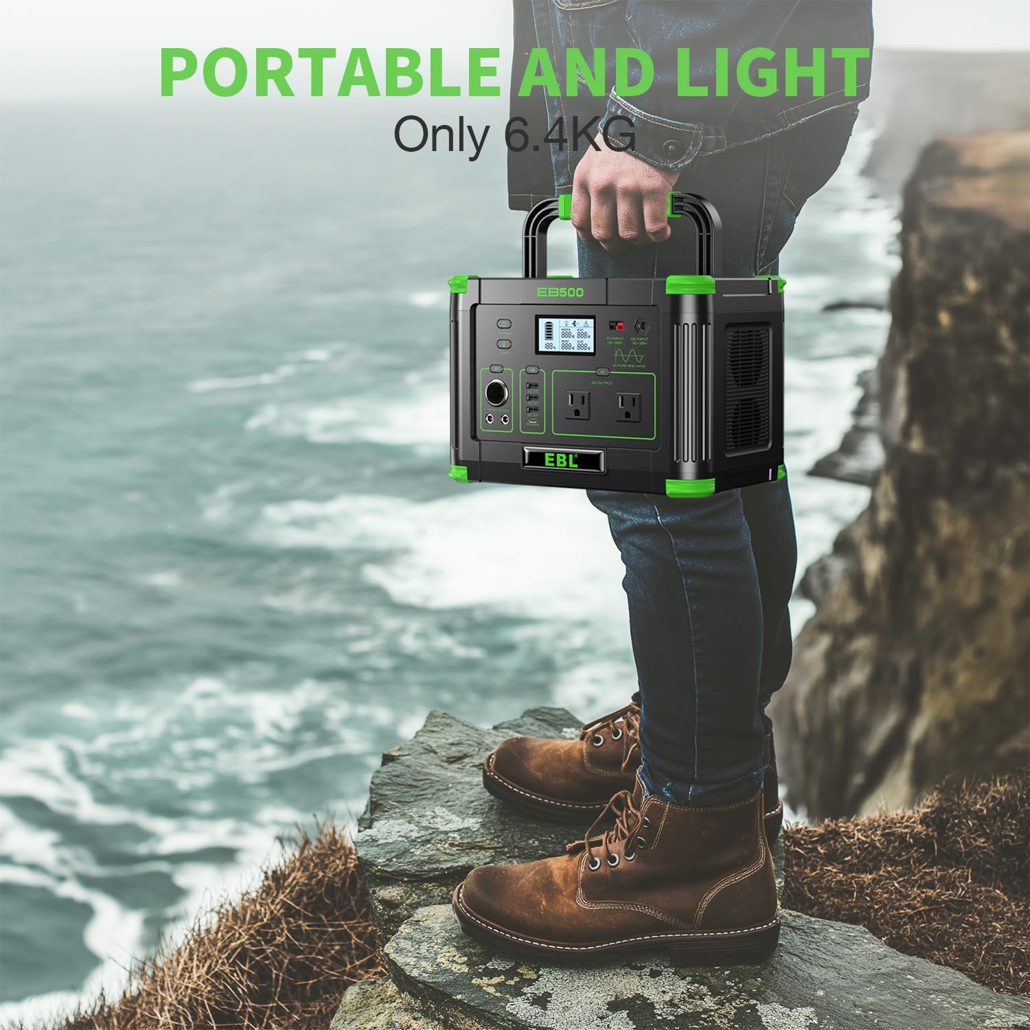 EBL next to a backpack showing 14.1-pound scale and portability