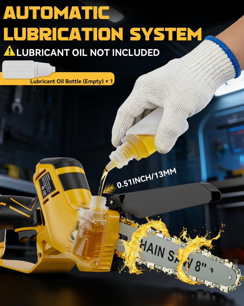 Ecarke enlarged oil fill port and bottle showing automatic oiler for reduced wear and noise