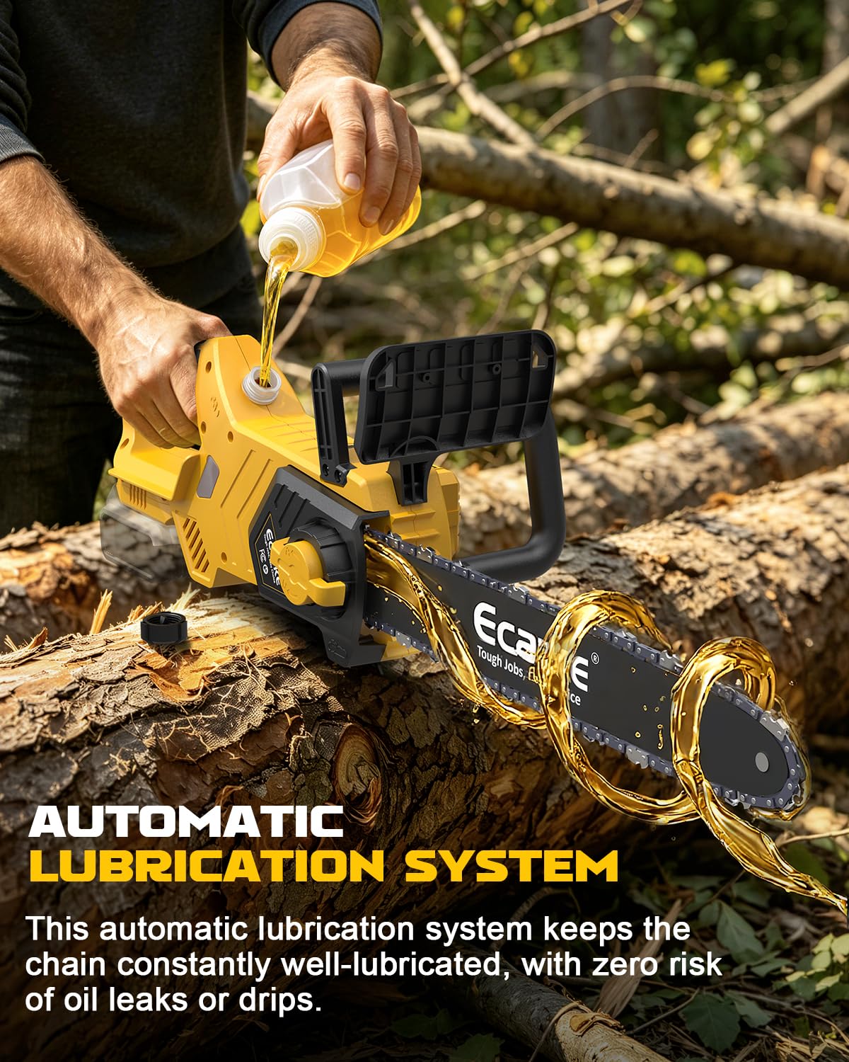 Ecarke chainsaw cutting a medium branch demonstrating smooth, fast performance