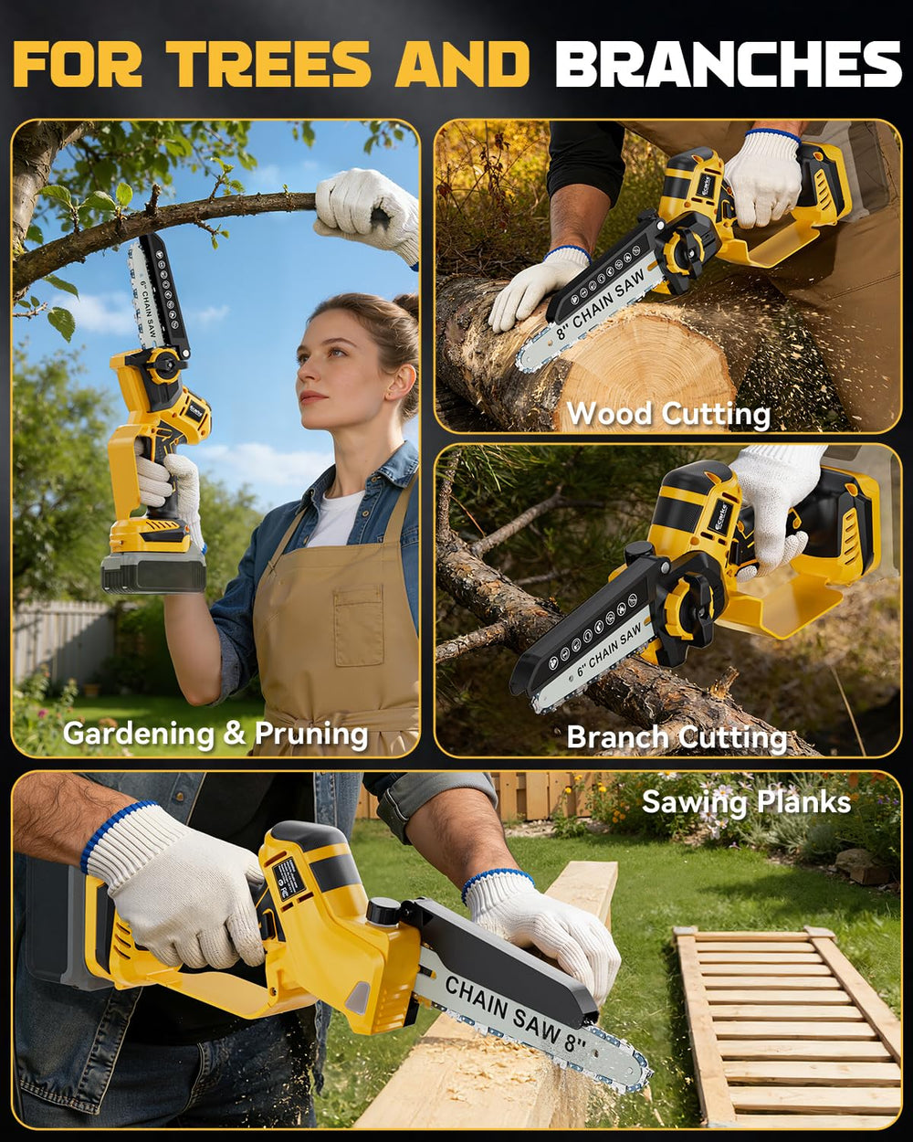 Ecarke mini chainsaw beside a ruler showing scale and lightweight design for reduced fatigue