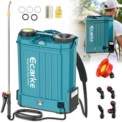 Ecarke front view of backpack sprayer showing controls and tank for efficient work