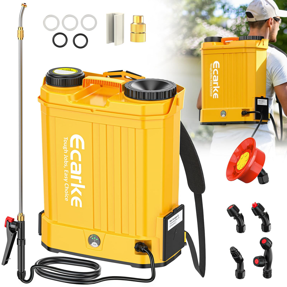 Ecarke front view of backpack sprayer showing compact design and ready to use