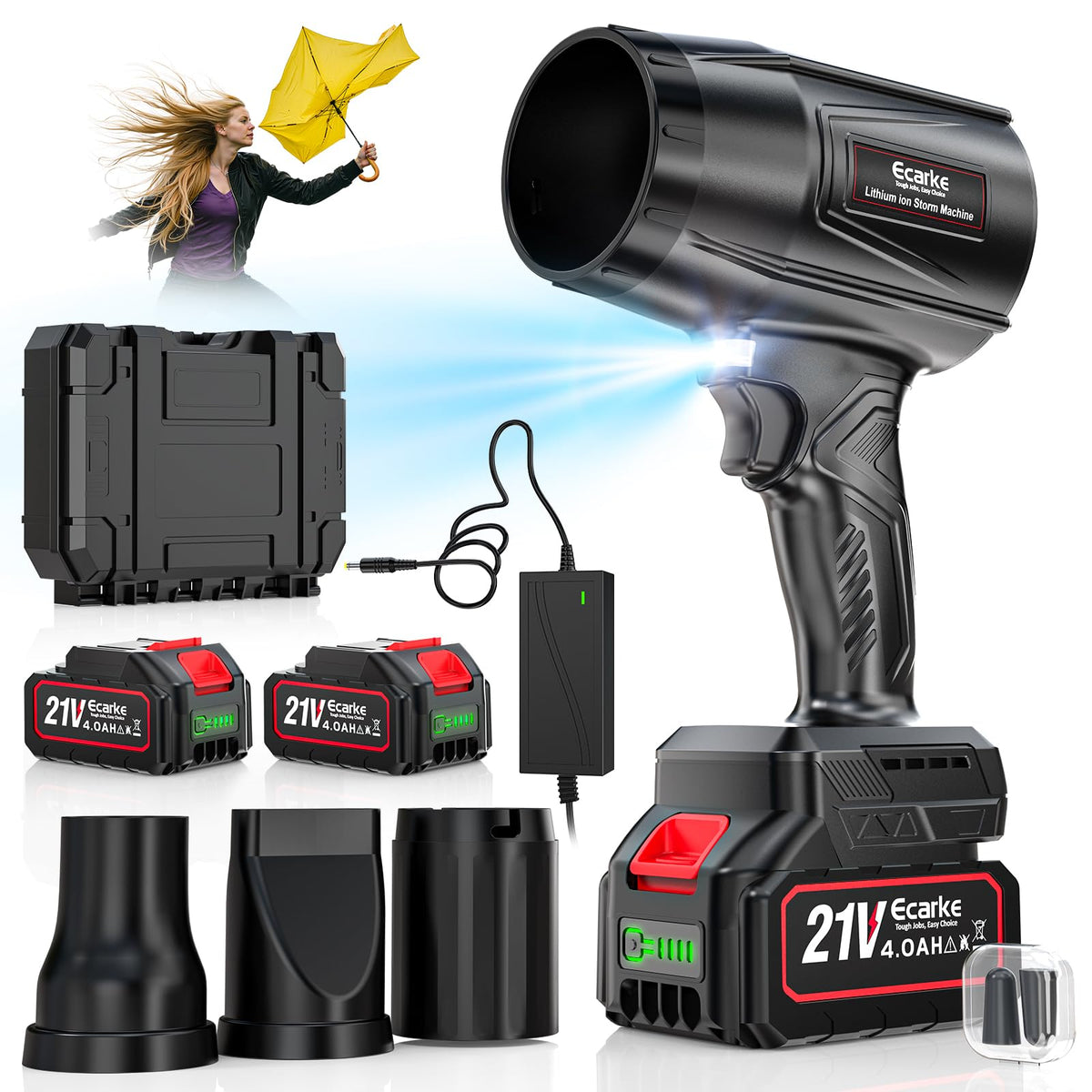 Ecarke front view of cordless blower showing compact ergonomic design for easy use