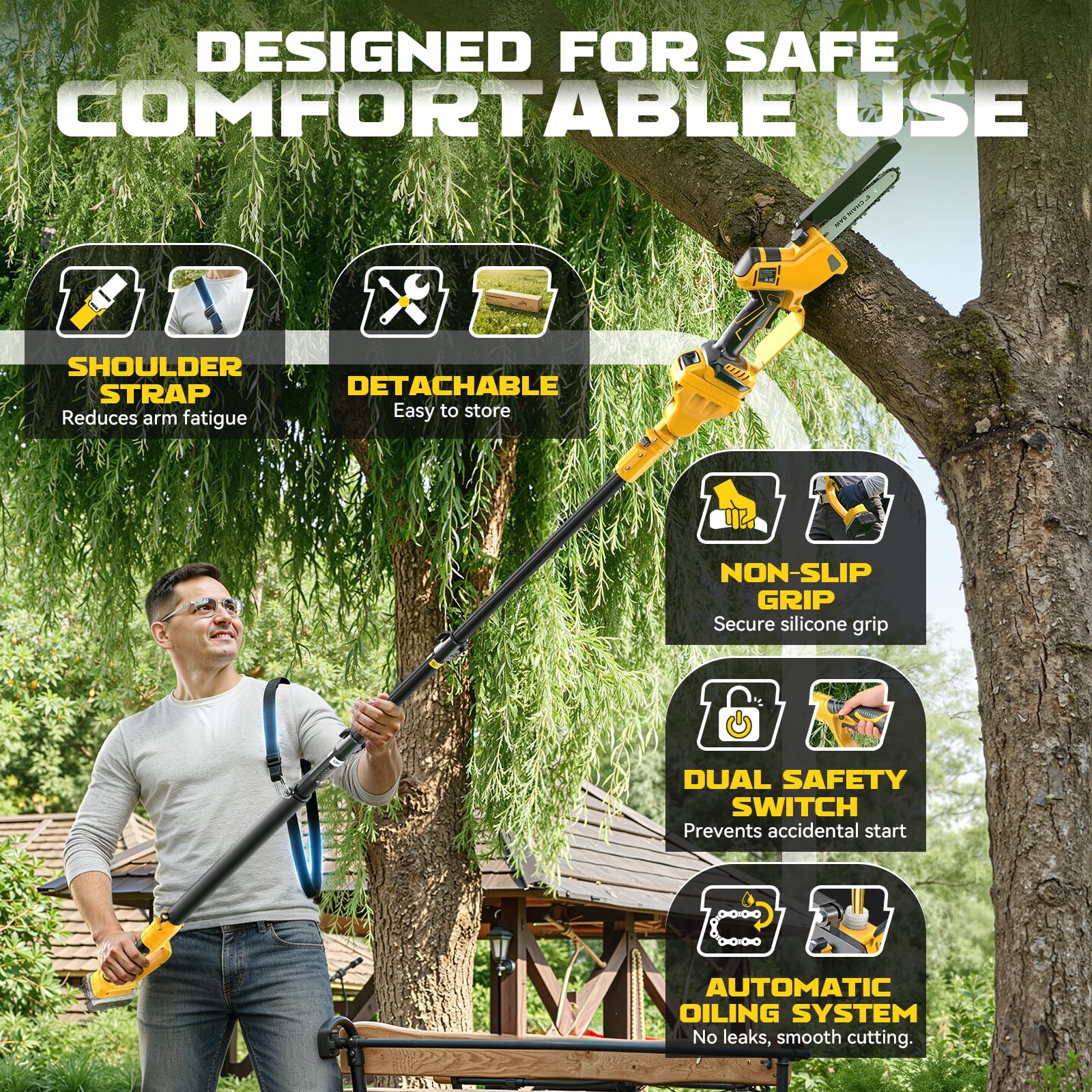 Ecarke cutting overhead branch with extended pole for ladder-free work