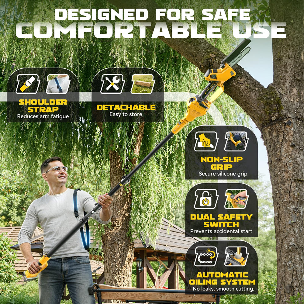 Ecarke cutting overhead branch with extended pole for ladder-free work