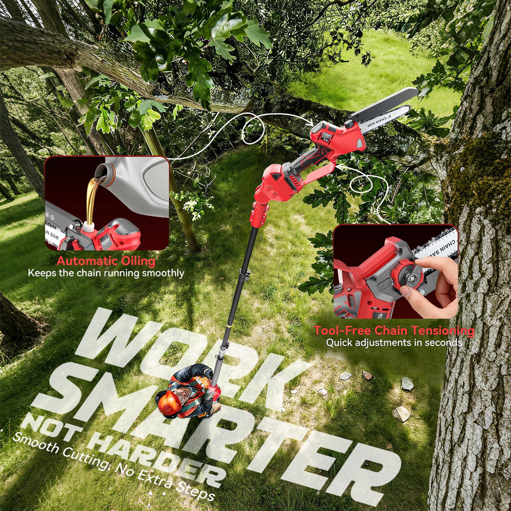 Ecarke in use overhead pruning showing ladder-free branch access benefit
