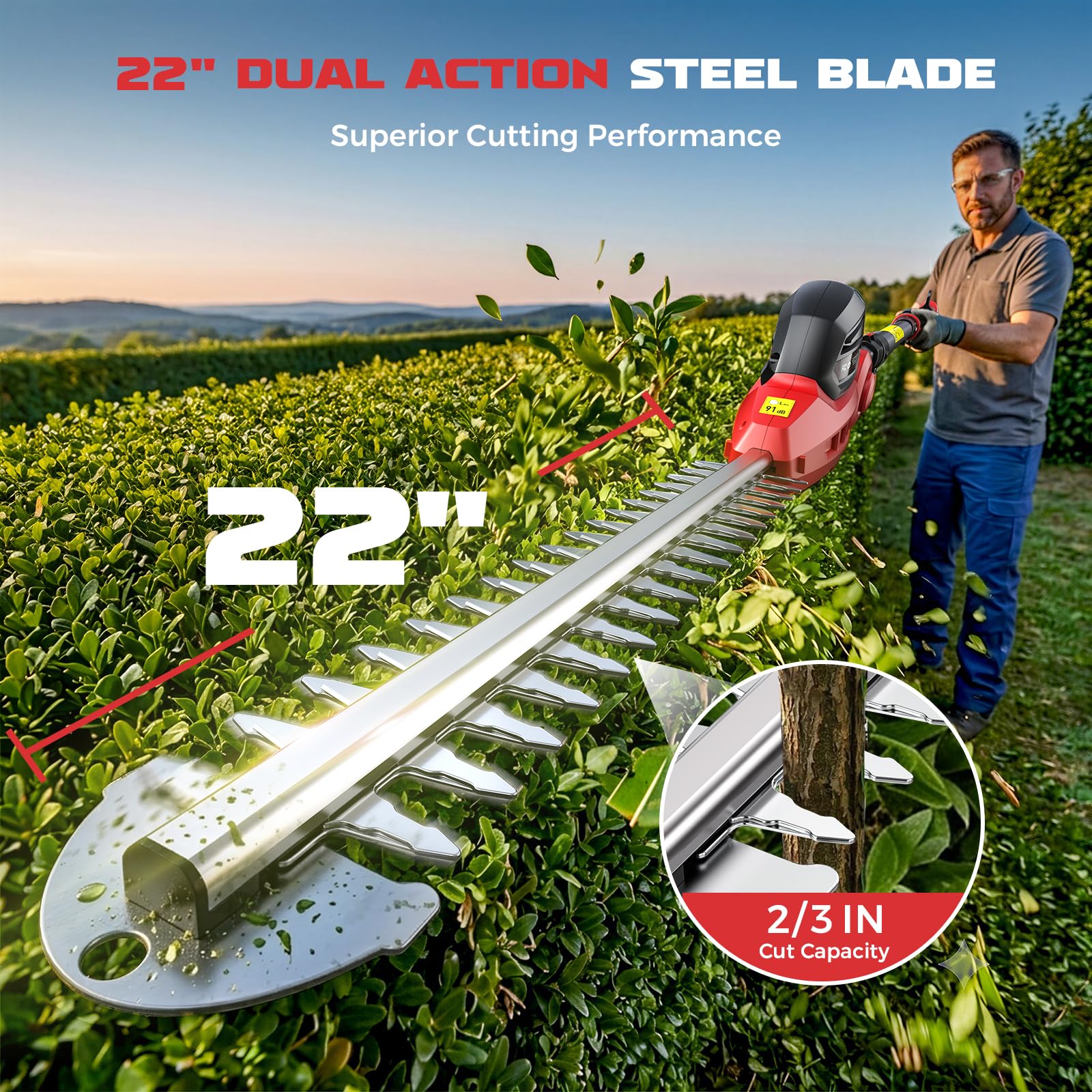 Ecarke trimming a tall hedge overhead showing safe ladder-free use
