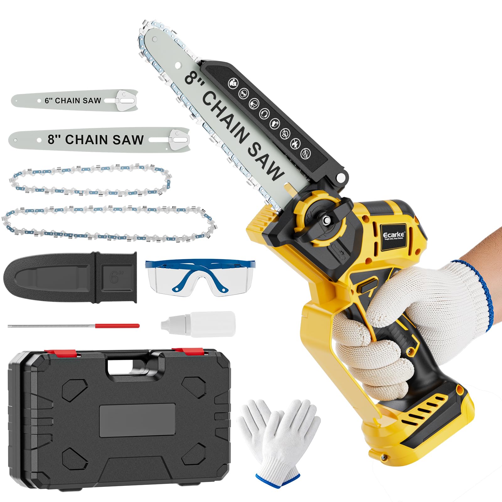 Ecarke front view of cordless mini chainsaw showing controls and compact handle for comfortable use