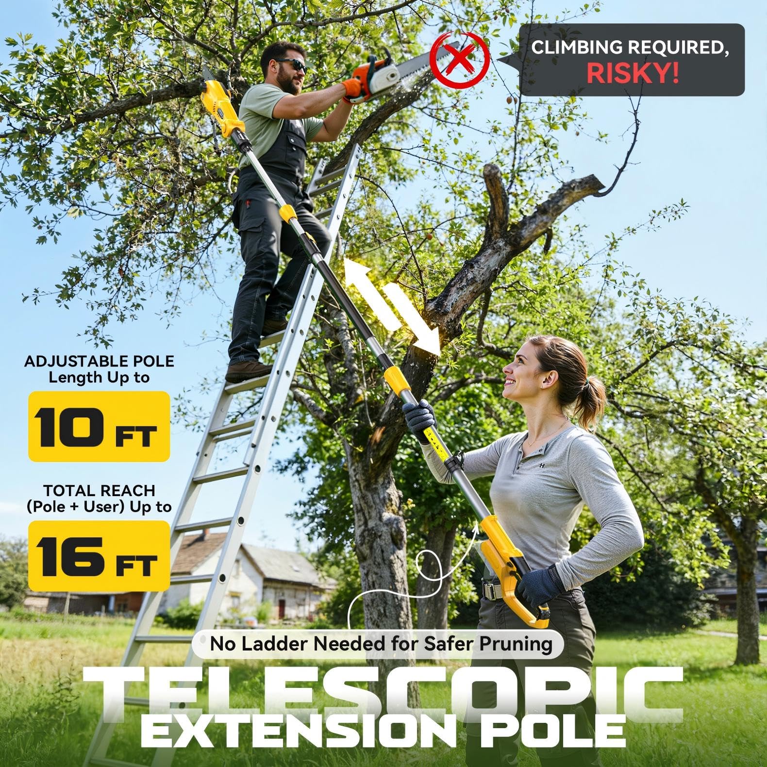 Ecarke pole saw in use trimming a limb showing ladder-free safe cutting