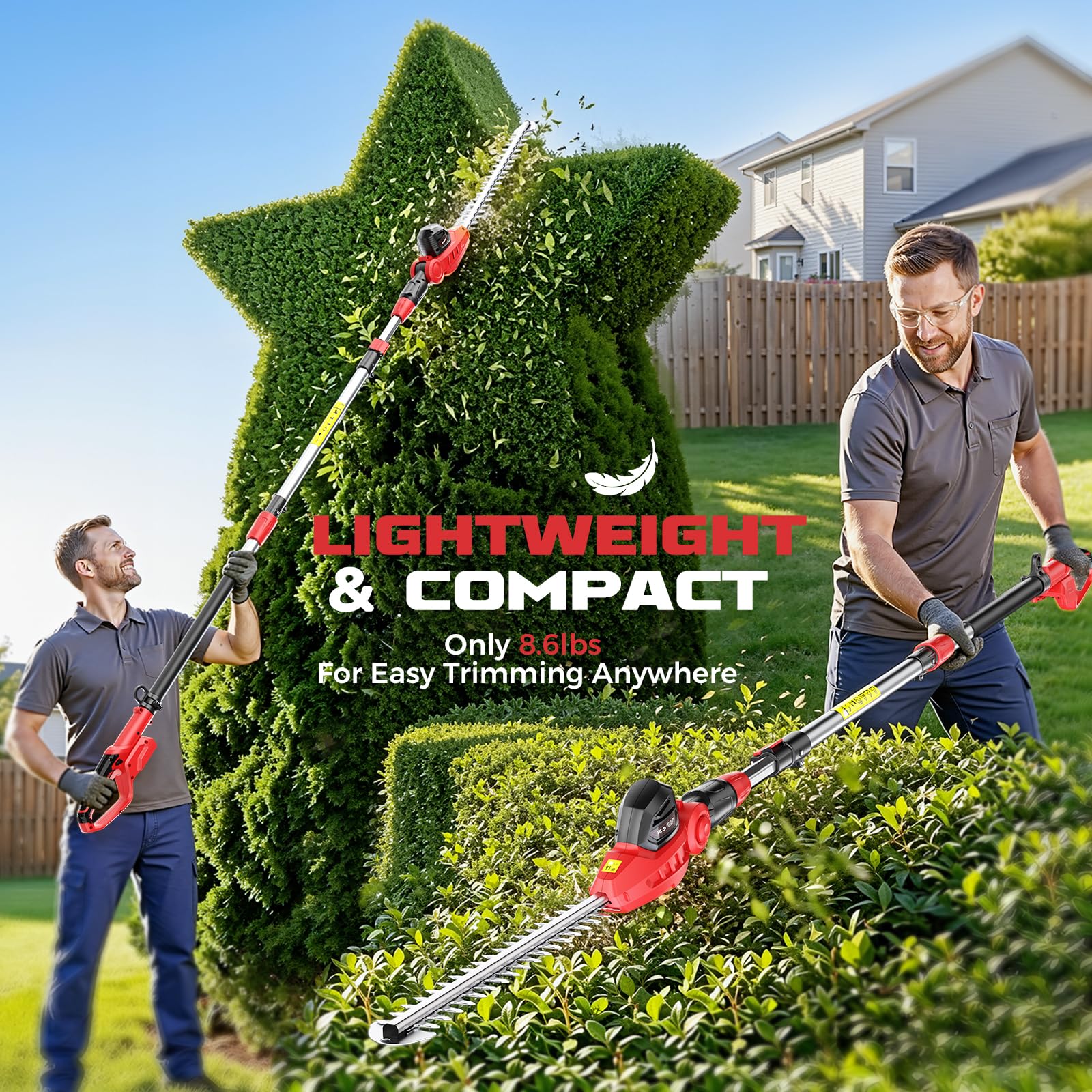 Ecarke pole trimmer next to person to show lightweight size advantage
