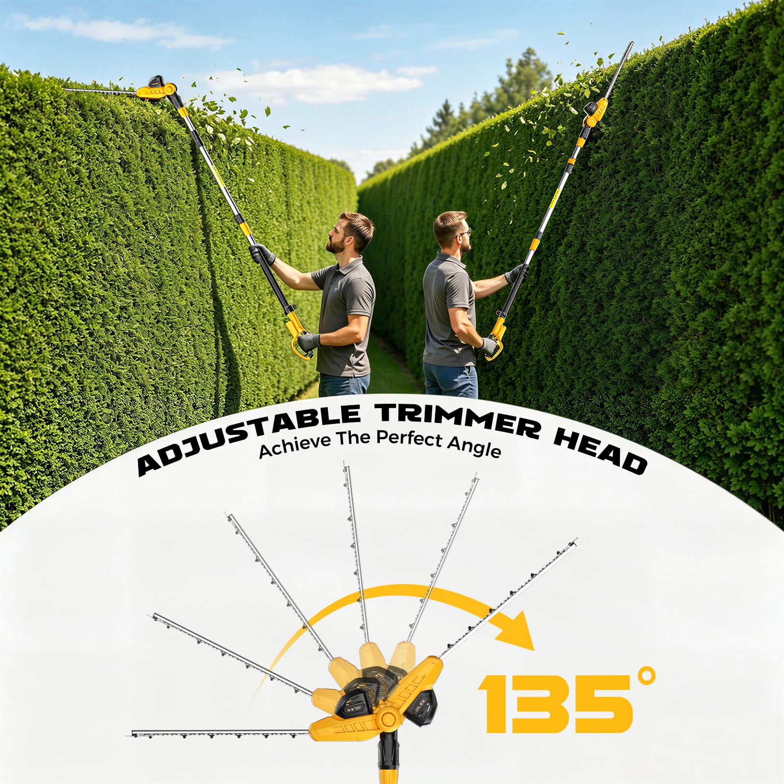 Ecarke trimmer in use cutting high hedges from ground for safer trimming