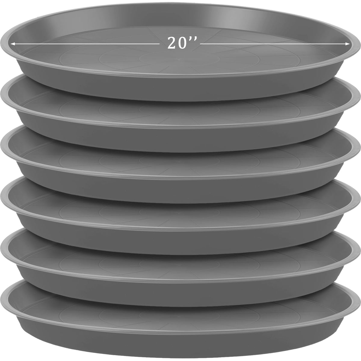 Eccliy front view of six 20 inch gray saucers showing set and benefit of bulk supply