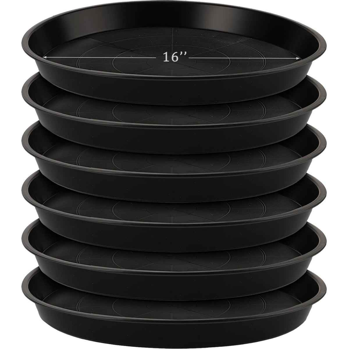 Eccliy front view of six black 16-inch saucers showing stackable protection