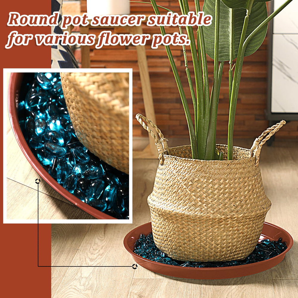 Eccliy saucer under a large ceramic planter catching runoff, prevents spills