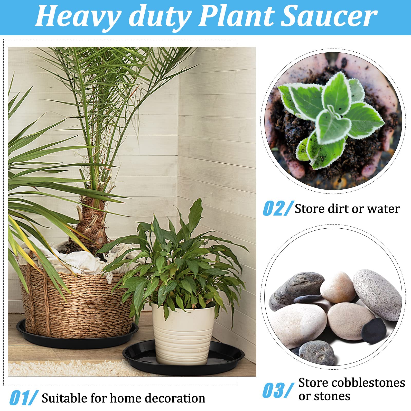 Eccliy saucer on patio holding potted plant and shielding deck surface