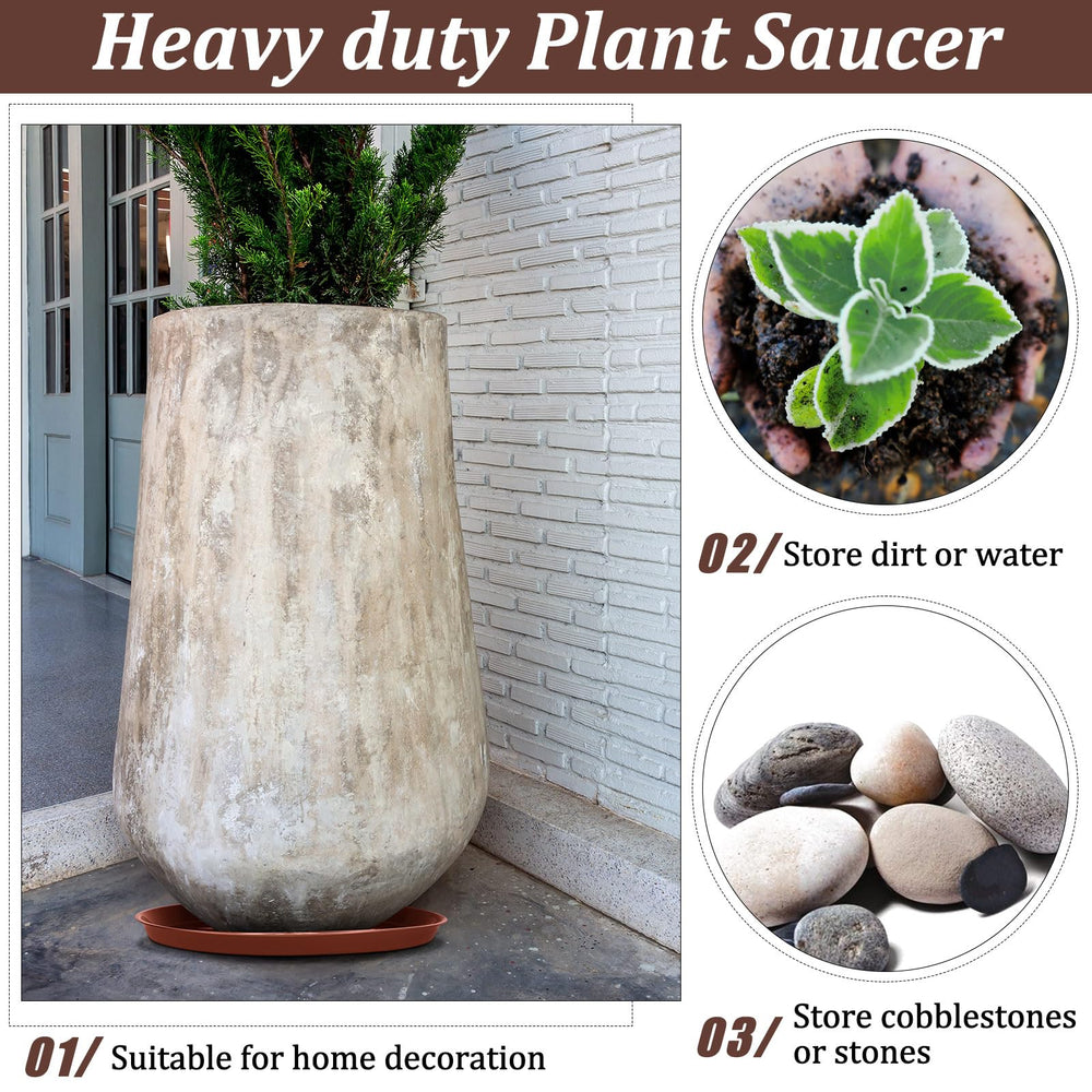 Eccliy saucer next to 20-inch pot showing scale and fit benefit for wide-bottom planters