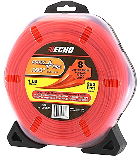 Echo Cross-Fire line installed in trimmer cutting heavy grass, speeds work and reduces reloads
