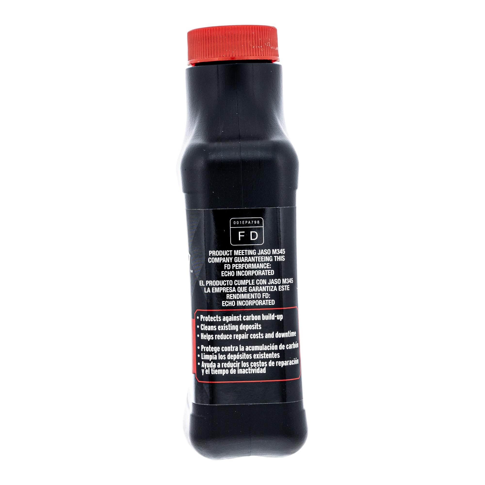 ECHO Red Armor bottle next to 2.5 gallon gas can showing correct scale