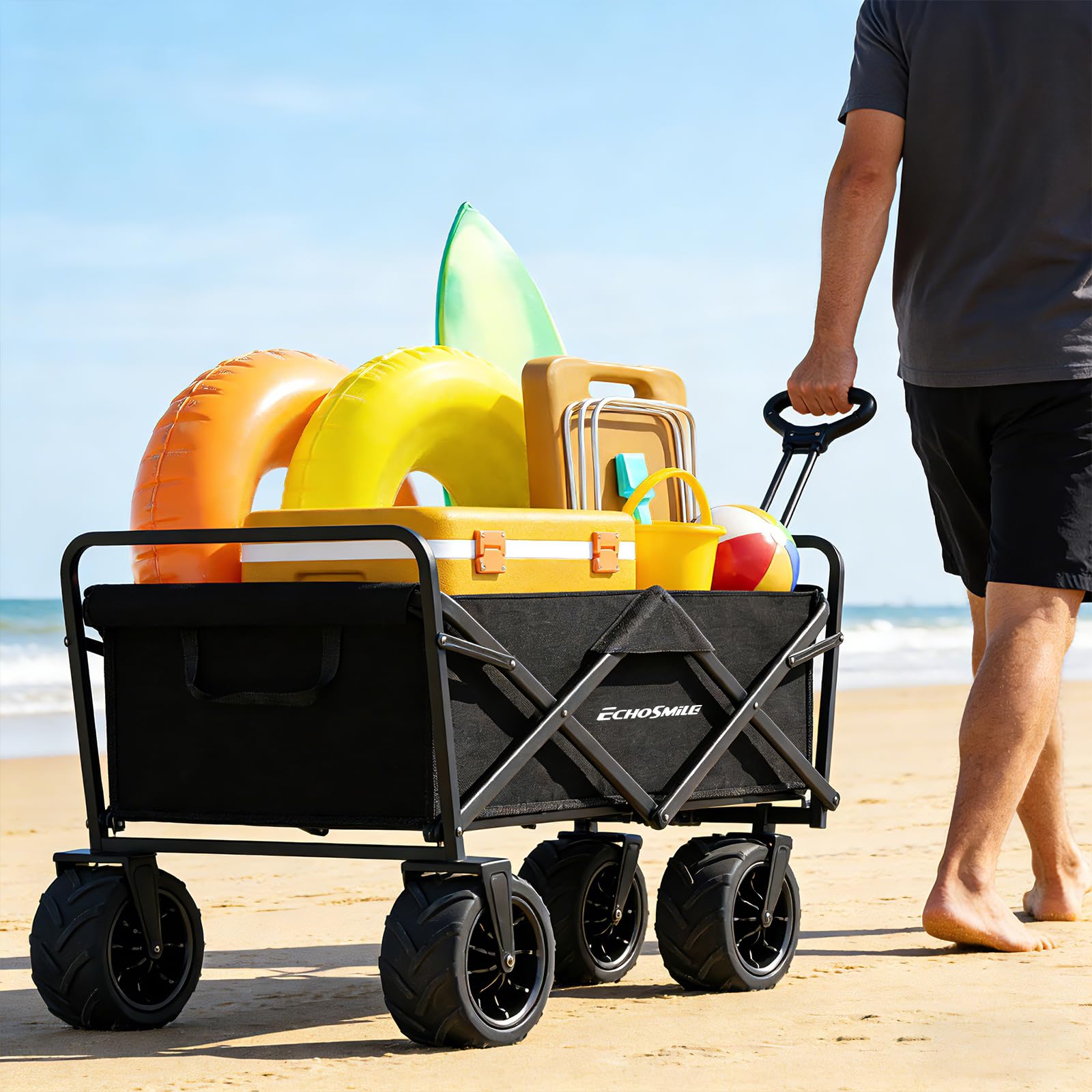 EchoSmile wagon beside a cooler to show scale and generous cargo capacity